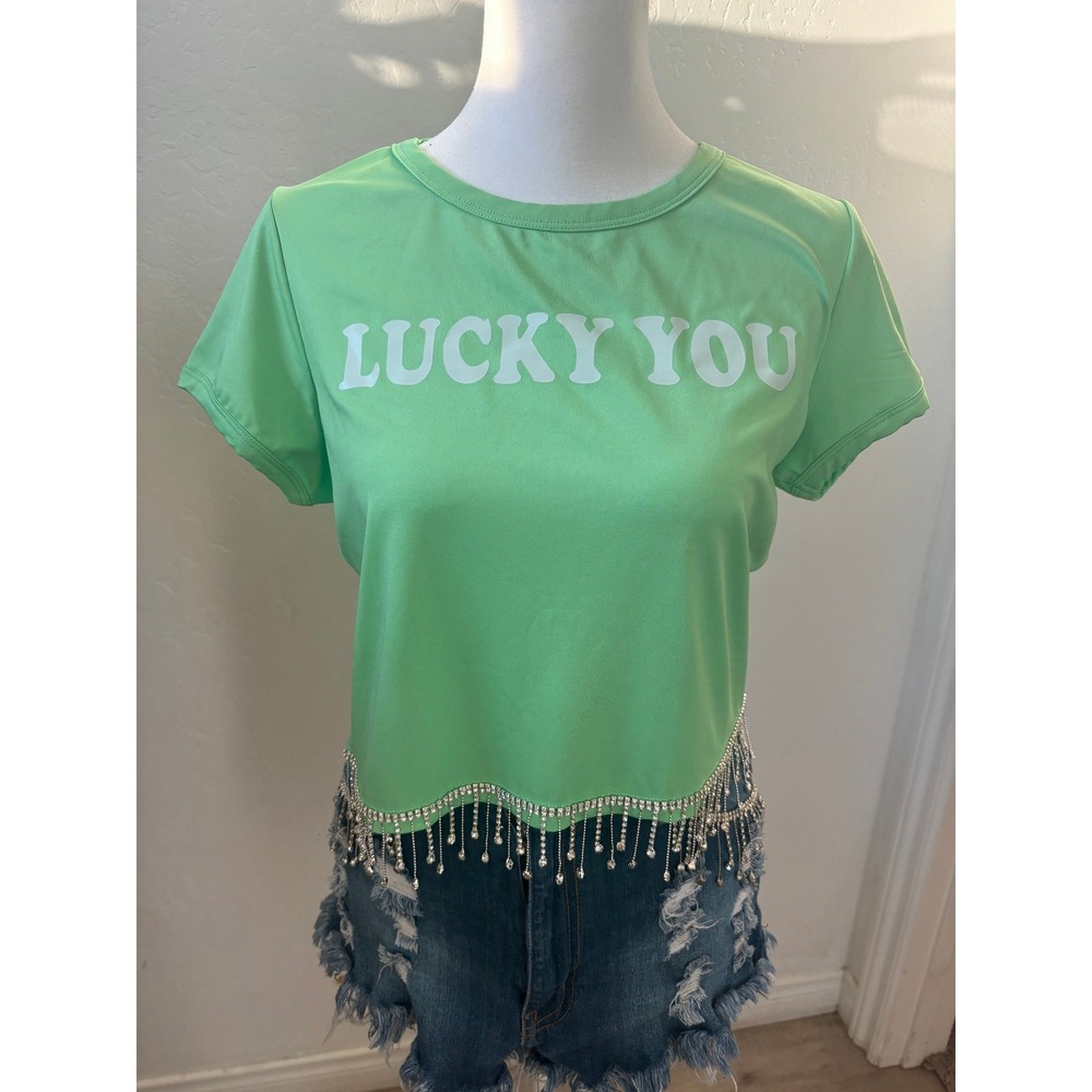 Lucky you rhinestone fringe top